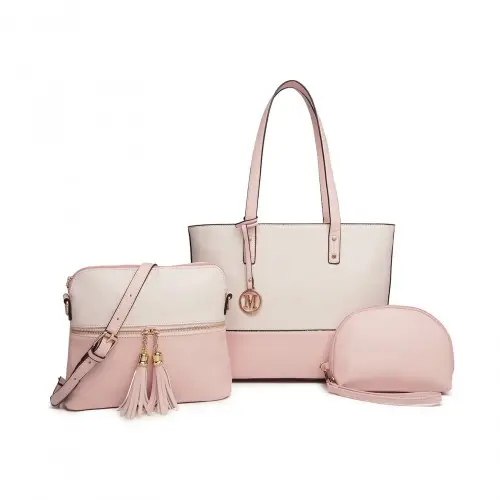 LG2023 - Miss Lulu Elegant 3-Piece Leather Look Tote Bag Set - Versatile & Chic for Every Occasion - Pink And Beige by All Mart Bristol Ltd
