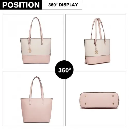 LG2023 - Miss Lulu Elegant 3-Piece Leather Look Tote Bag Set - Versatile & Chic for Every Occasion - Pink And Beige by All Mart Bristol Ltd