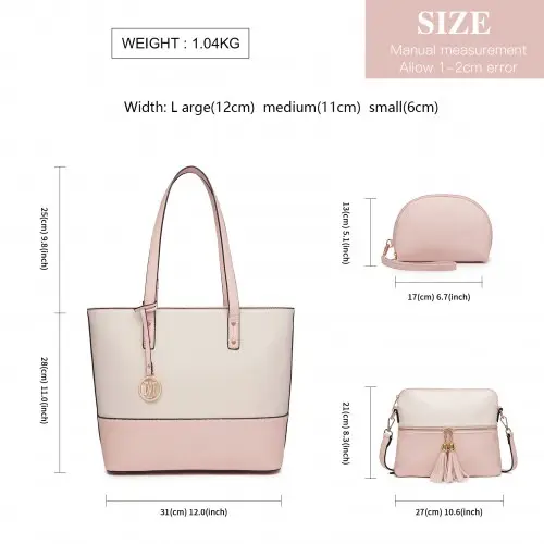 LG2023 - Miss Lulu Elegant 3-Piece Leather Look Tote Bag Set - Versatile & Chic for Every Occasion - Pink And Beige by All Mart Bristol Ltd