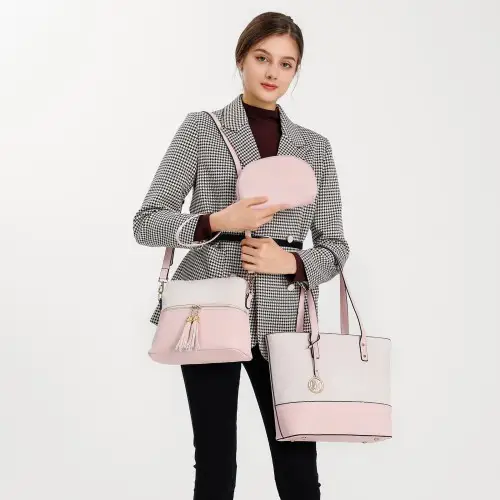 LG2023 - Miss Lulu Elegant 3-Piece Leather Look Tote Bag Set - Versatile & Chic for Every Occasion - Pink And Beige by All Mart Bristol Ltd