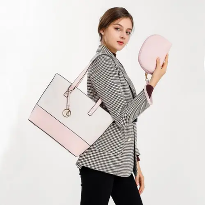 LG2023 - Miss Lulu Elegant 3-Piece Leather Look Tote Bag Set - Versatile & Chic for Every Occasion - Pink And Beige by All Mart Bristol Ltd