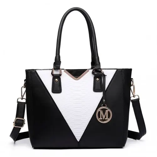 LG6632 - Miss Lulu Leather Look V-Shape Multicolour Tote Bag - Black by All Mart Bristol Ltd