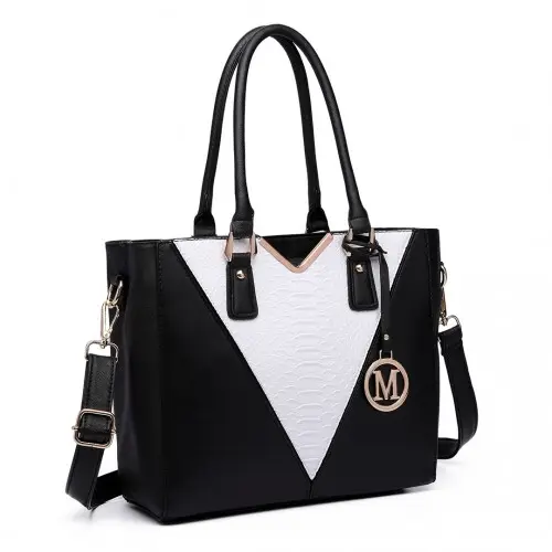 LG6632 - Miss Lulu Leather Look V-Shape Multicolour Tote Bag - Black by All Mart Bristol Ltd