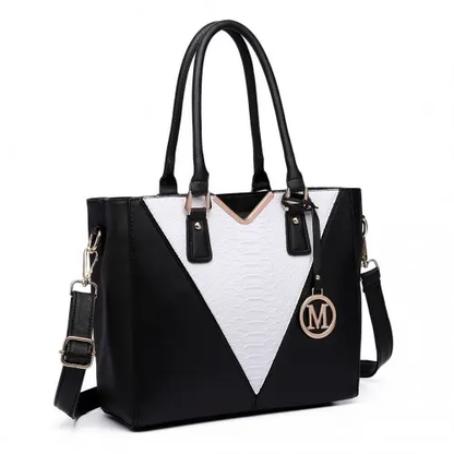 LG6632 - Miss Lulu Leather Look V-Shape Multicolour Tote Bag - Black by All Mart Bristol Ltd