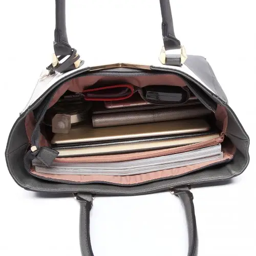 LG6632 - Miss Lulu Leather Look V-Shape Multicolour Tote Bag - Black by All Mart Bristol Ltd