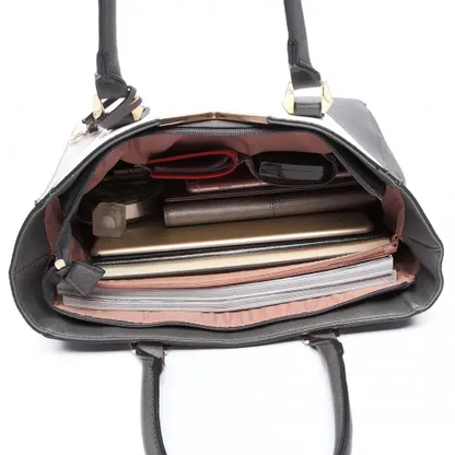 LG6632 - Miss Lulu Leather Look V-Shape Multicolour Tote Bag - Black by All Mart Bristol Ltd