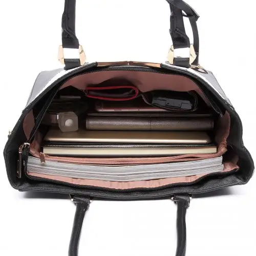 LG6632 - Miss Lulu Leather Look V-Shape Multicolour Tote Bag - Brown by All Mart Bristol Ltd