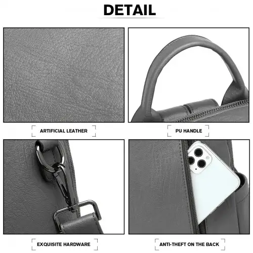 LH2012 - Miss Lulu Large Leather Look Backpack - Grey by All Mart Bristol Ltd