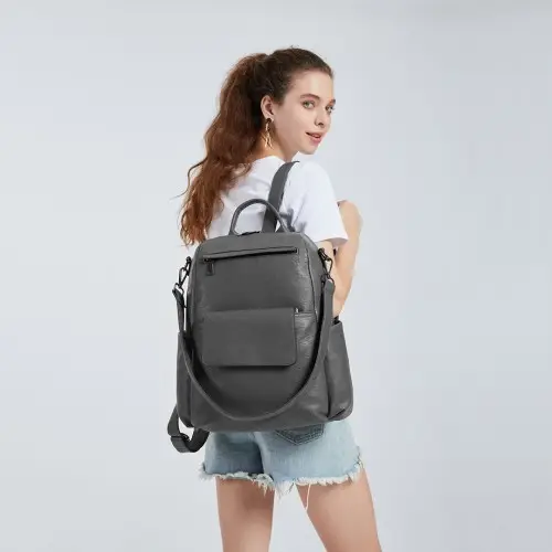 LH2012 - Miss Lulu Large Leather Look Backpack - Grey by All Mart Bristol Ltd