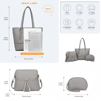 LG2023 - Miss Lulu Elegant 3-Piece Leather Look Tote Bag Set - Versatile & Chic for Every Occasion - Grey by All Mart Bristol Ltd