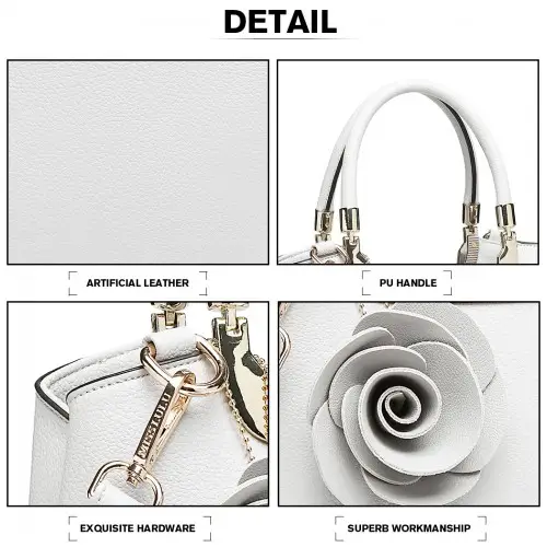 LG1847 - MISS LULU PU LEATHER ROSE HANGING ORNAMENT HANDBAG - WHITE by All Mart Bristol Ltd