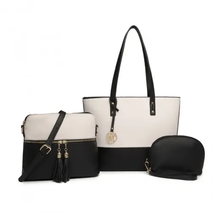 LG2023 - Miss Lulu Elegant 3-Piece Leather Look Tote Bag Set - Versatile & Chic for Every Occasion - Black And Beige by All Mart Bristol Ltd