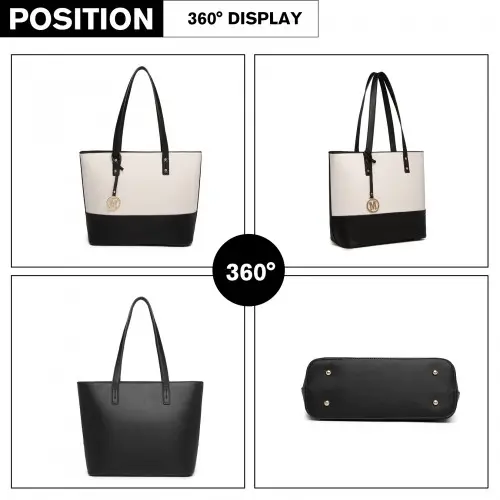 LG2023 - Miss Lulu Elegant 3-Piece Leather Look Tote Bag Set - Versatile & Chic for Every Occasion - Black And Beige by All Mart Bristol Ltd