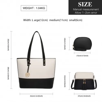 LG2023 - Miss Lulu Elegant 3-Piece Leather Look Tote Bag Set - Versatile & Chic for Every Occasion - Black And Beige by All Mart Bristol Ltd