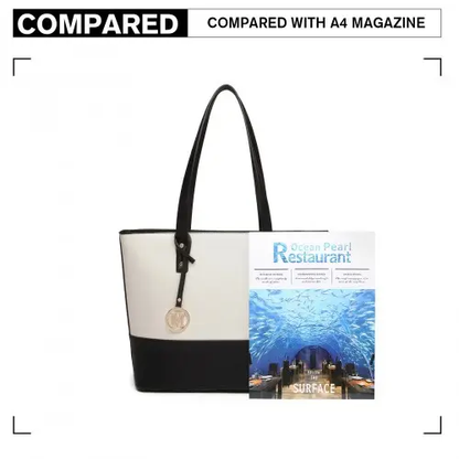 LG2023 - Miss Lulu Elegant 3-Piece Leather Look Tote Bag Set - Versatile & Chic for Every Occasion - Black And Beige by All Mart Bristol Ltd