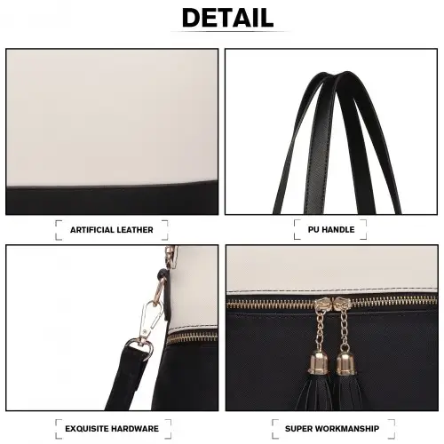 LG2023 - Miss Lulu Elegant 3-Piece Leather Look Tote Bag Set - Versatile & Chic for Every Occasion - Black And Beige by All Mart Bristol Ltd