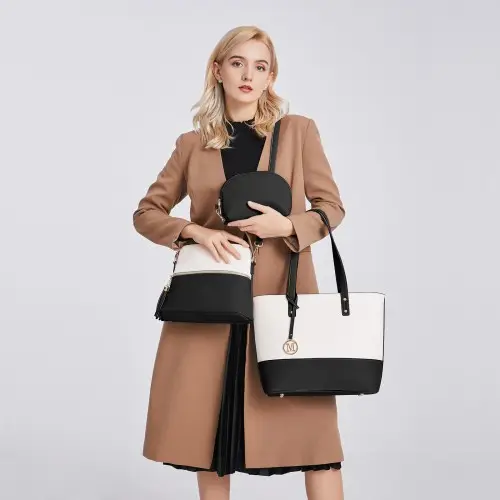 LG2023 - Miss Lulu Elegant 3-Piece Leather Look Tote Bag Set - Versatile & Chic for Every Occasion - Black And Beige by All Mart Bristol Ltd
