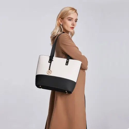 LG2023 - Miss Lulu Elegant 3-Piece Leather Look Tote Bag Set - Versatile & Chic for Every Occasion - Black And Beige by All Mart Bristol Ltd
