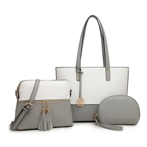 LG2023 - Miss Lulu Elegant 3-Piece Leather Look Tote Bag Set - Versatile & Chic for Every Occasion - Grey And White by All Mart Bristol Ltd