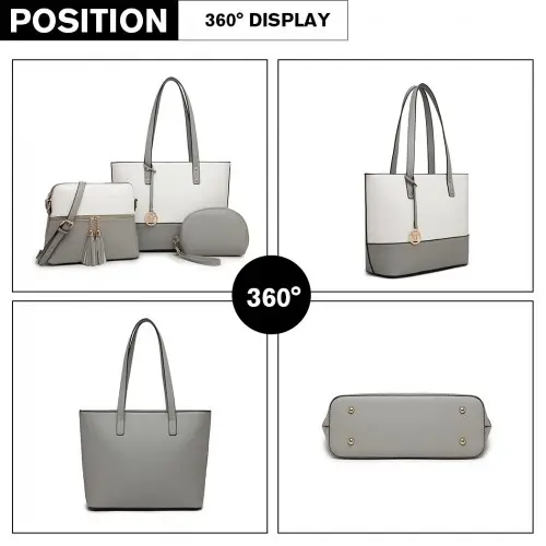 LG2023 - Miss Lulu Elegant 3-Piece Leather Look Tote Bag Set - Versatile & Chic for Every Occasion - Grey And White by All Mart Bristol Ltd