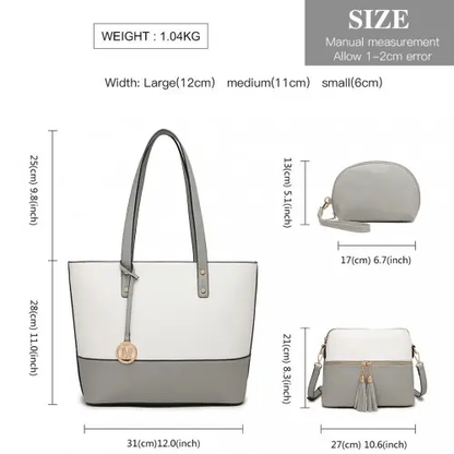 LG2023 - Miss Lulu Elegant 3-Piece Leather Look Tote Bag Set - Versatile & Chic for Every Occasion - Grey And White by All Mart Bristol Ltd