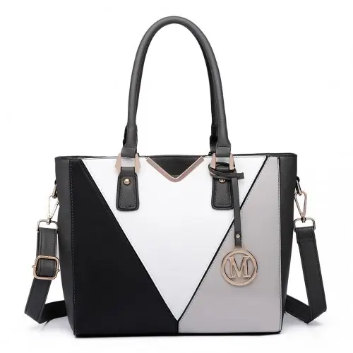 LG6632 - Miss Lulu Leather Look V-Shape Multicolour Tote Bag - Grey by All Mart Bristol Ltd
