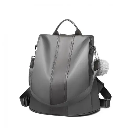 LG1903 - Miss Lulu Two Way Backpack Shoulder Bag with Pom Pom Pendant - Grey by All Mart Bristol Ltd