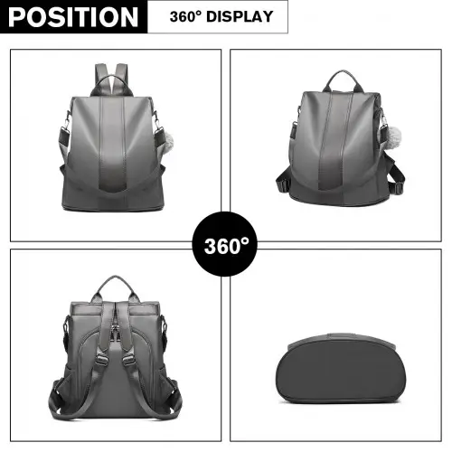 LG1903 - Miss Lulu Two Way Backpack Shoulder Bag with Pom Pom Pendant - Grey by All Mart Bristol Ltd