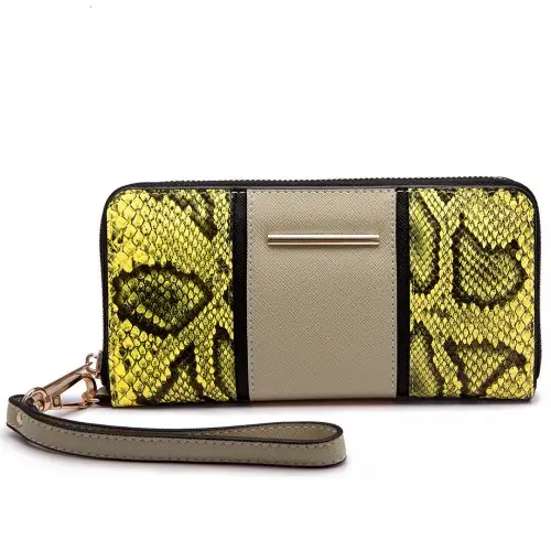 LP6681 - Miss Lulu Snake Print Panel Long Purse Khaki by All Mart Bristol Ltd