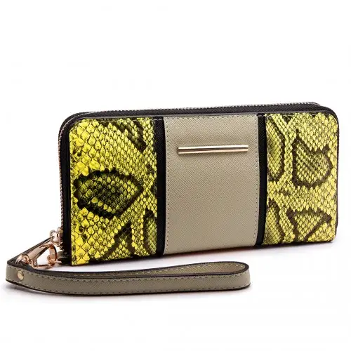 LP6681 - Miss Lulu Snake Print Panel Long Purse Khaki by All Mart Bristol Ltd