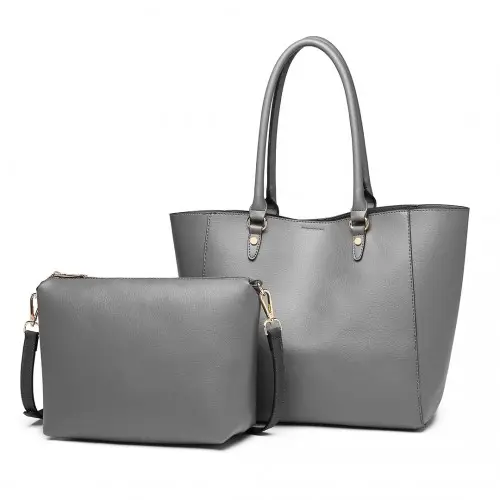LH6895 - Miss Lulu Textured Leather Look 2 Piece Tote and Shoulder Bag Set - Grey by All Mart Bristol Ltd
