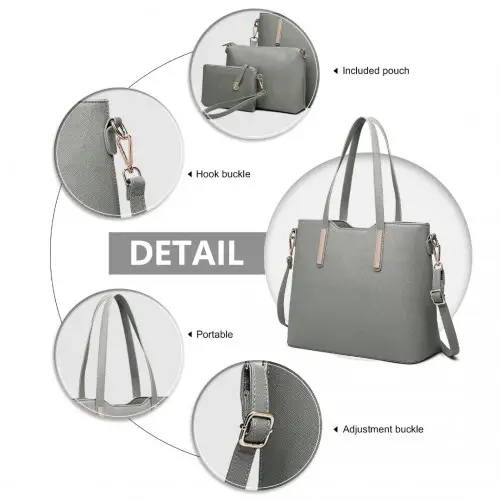 LT6648 - Miss Lulu Three Piece Tote Shoulder Bag And Clutch - Dark Grey by All Mart Bristol Ltd
