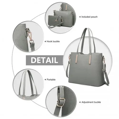 LT6648 - Miss Lulu Three Piece Tote Shoulder Bag And Clutch - Dark Grey by All Mart Bristol Ltd