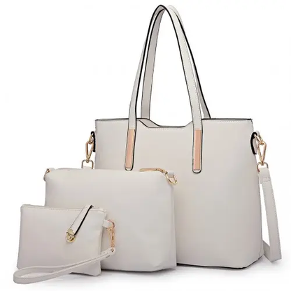 LT6648 - Miss Lulu Three Piece Tote Shoulder Bag And Clutch - White by All Mart Bristol Ltd