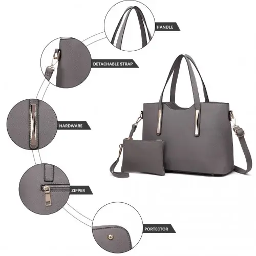 S1719 - Miss Lulu Pu Leather Handbag & Purse - Grey by All Mart Bristol Ltd