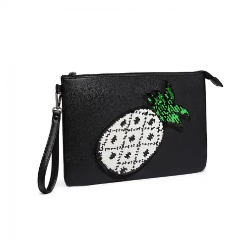 LT6822P-MISS LULU MISS LULU PU LEATHER SEQUIN PINEAPPLE CLUTCH BAG BLACK by All Mart Bristol Ltd
