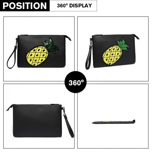 LT6822P-MISS LULU MISS LULU PU LEATHER SEQUIN PINEAPPLE CLUTCH BAG BLACK by All Mart Bristol Ltd