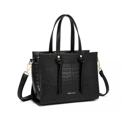 LT2135 - Miss Lulu Crocodile Pattern Large Capacity Leather Cross-body Handbag - Black by All Mart Bristol Ltd