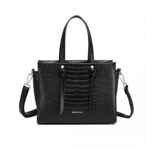 LT2135 - Miss Lulu Crocodile Pattern Large Capacity Leather Cross-body Handbag - Black by All Mart Bristol Ltd