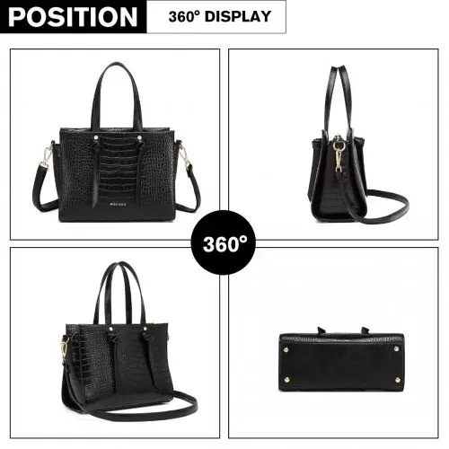 LT2135 - Miss Lulu Crocodile Pattern Large Capacity Leather Cross-body Handbag - Black by All Mart Bristol Ltd