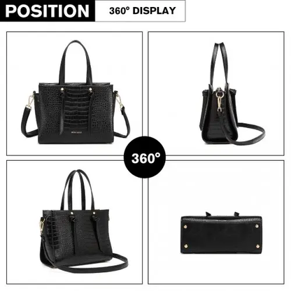 LT2135 - Miss Lulu Crocodile Pattern Large Capacity Leather Cross-body Handbag - Black by All Mart Bristol Ltd