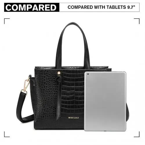 LT2135 - Miss Lulu Crocodile Pattern Large Capacity Leather Cross-body Handbag - Black by All Mart Bristol Ltd