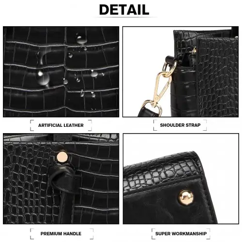 LT2135 - Miss Lulu Crocodile Pattern Large Capacity Leather Cross-body Handbag - Black by All Mart Bristol Ltd