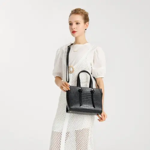 LT2135 - Miss Lulu Crocodile Pattern Large Capacity Leather Cross-body Handbag - Black by All Mart Bristol Ltd