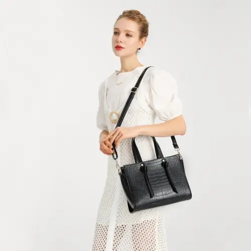 LT2135 - Miss Lulu Crocodile Pattern Large Capacity Leather Cross-body Handbag - Black by All Mart Bristol Ltd