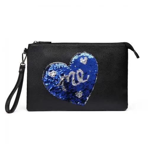 LT6822L-MISS LULU PU LEATHER SEQUIN HEART ME CLUTCH BAG BLACK by All Mart Bristol Ltd