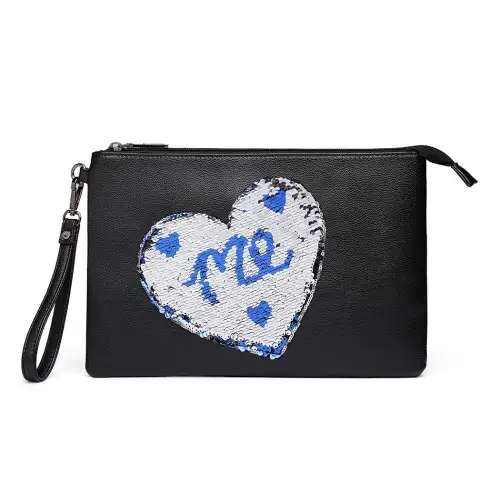 LT6822L-MISS LULU PU LEATHER SEQUIN HEART ME CLUTCH BAG BLACK by All Mart Bristol Ltd