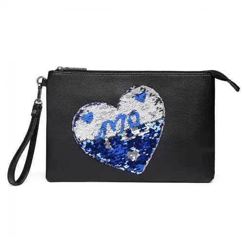 LT6822L-MISS LULU PU LEATHER SEQUIN HEART ME CLUTCH BAG BLACK by All Mart Bristol Ltd