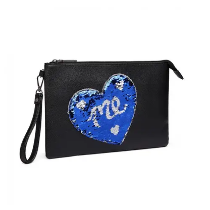 LT6822L-MISS LULU PU LEATHER SEQUIN HEART ME CLUTCH BAG BLACK by All Mart Bristol Ltd