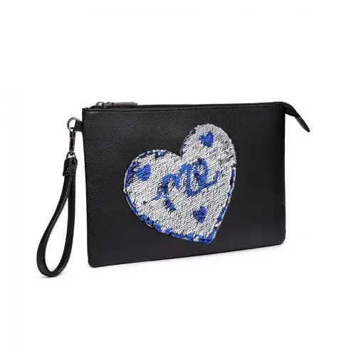 LT6822L-MISS LULU PU LEATHER SEQUIN HEART ME CLUTCH BAG BLACK by All Mart Bristol Ltd